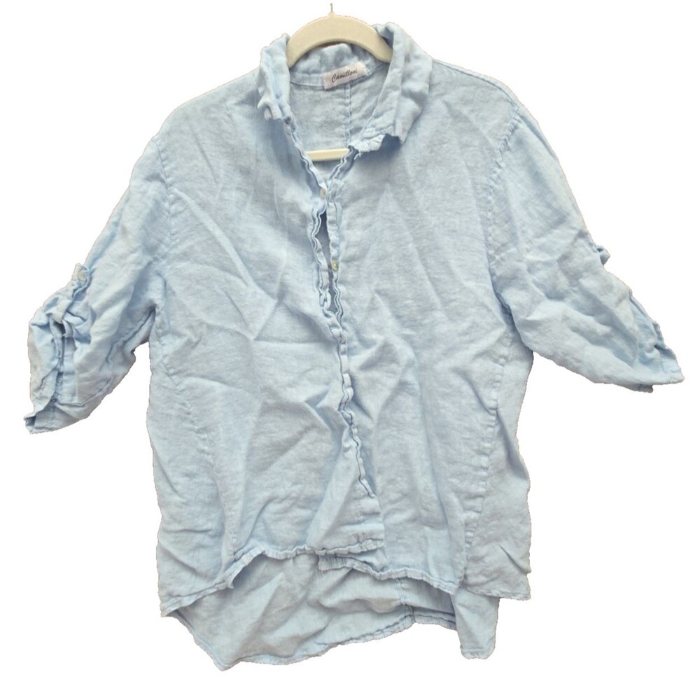 Camilloni Line Women's Top Light Blue 3/4 Sleeve Button Up Blouse Shirt